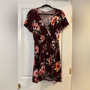 Maroon Floral Faux Wrap Dress